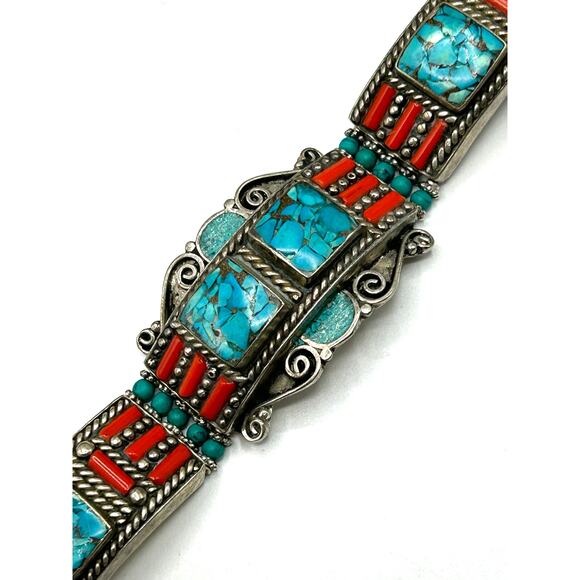 Tibetan Silver Turquoise Coral Set Bracelet Ring Earrings Adjustable - Picture 7 of 8